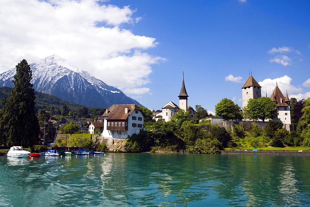 View over Lake Thun to Spiez with castle and castle church, Spiez, Bernese Oberland (highlands), Canton of Bern, Switzerland