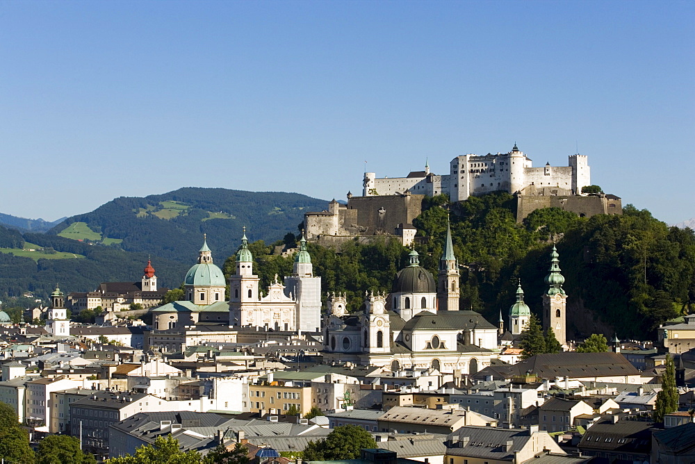 View over Old Town with Hohensalzburg Fortress, largest, fully-preserved fortress in central Europe, Salzburg Cathedral, Franciscan Church, St. Peter's Archabbey and Collegiate Church, built by Johann Bernhard Fischer von Erlach, Salzburg, Salzburg, Austria, Since 1996 historic centre of the city part of the UNESCO World Heritage Site