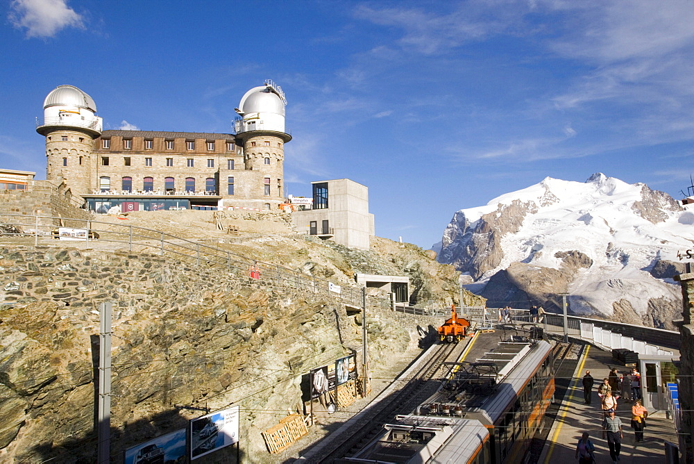 View from Gornergrat station to Kulmhotel, the highest hotel in the Swiss Alps (3100 m) at Gornergrat, Zermatt, Valais, Switzerland