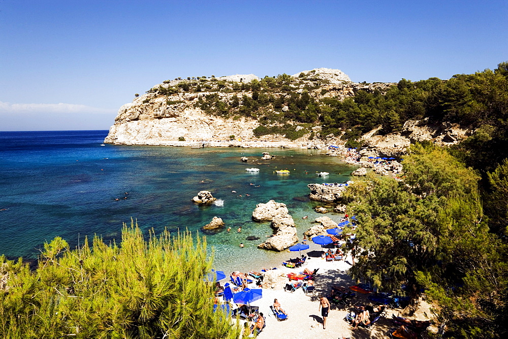 View over beach at Anthony Quinn Bay, film location of the film The Guns of Navarone, Falirakis, Rhodes, Greece