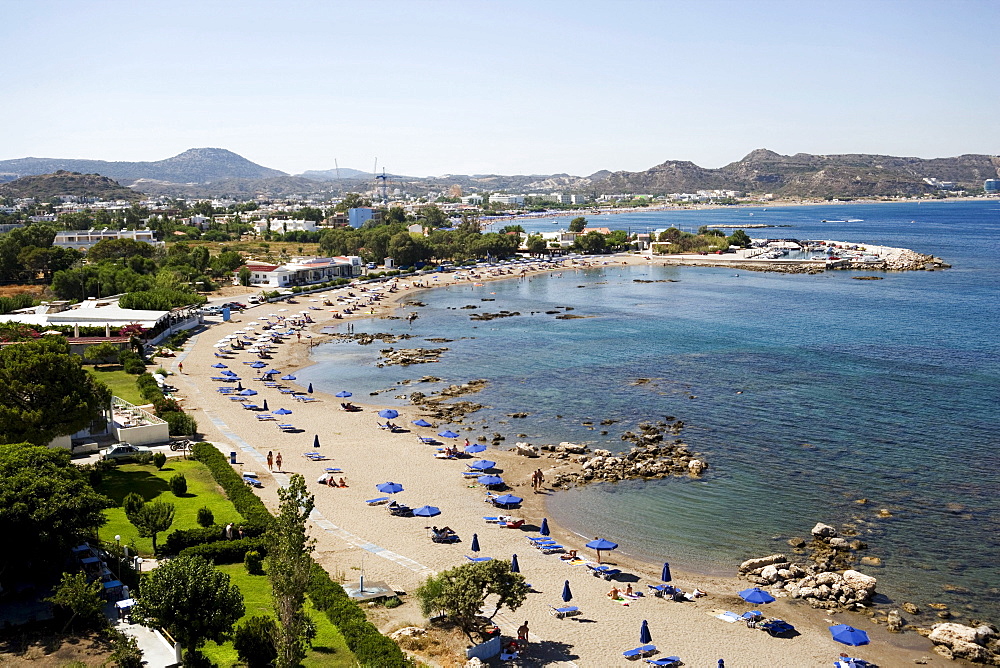 Aerial shot of Faliraki Beach, Faliraki, Rhodes, Greece