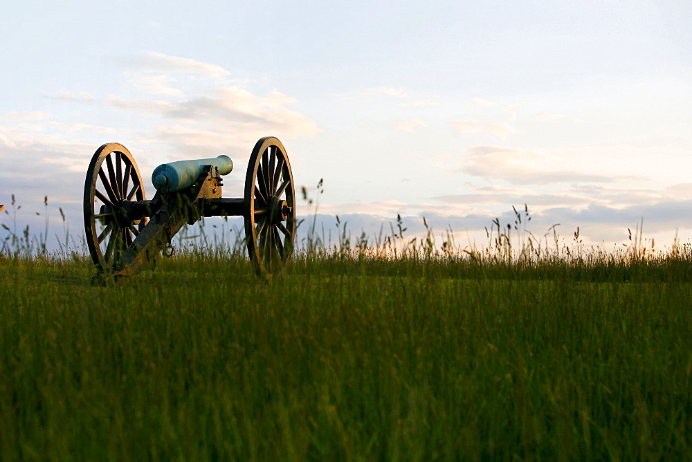 Cannon on a former battlefield at sundown, Manassas, Virginia, USA