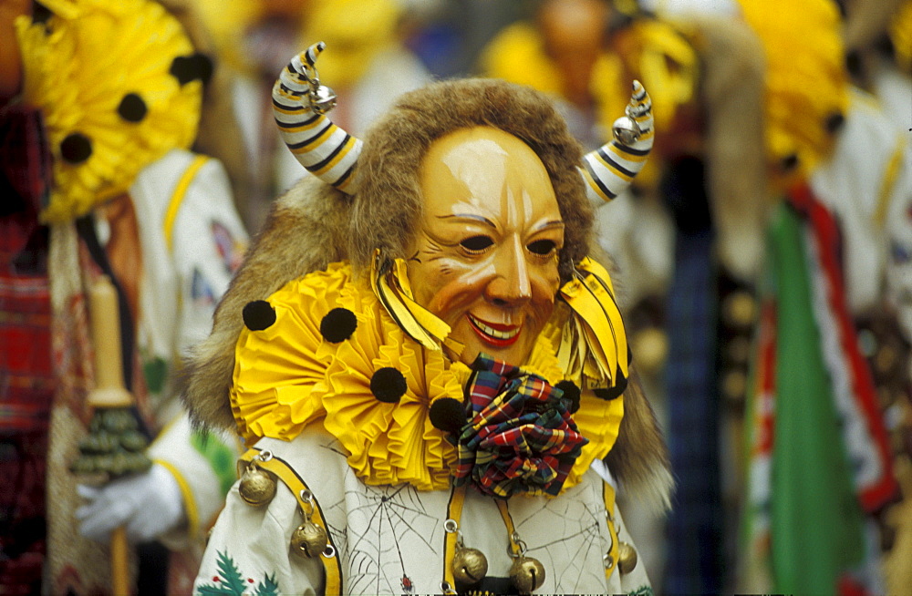 Disguised person with mask at Fasnet, Schramberg, Baden-Wuerttemberg, Germany, Europe