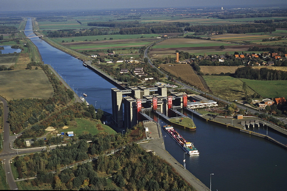 aerial photo of ship's hoist, elevator, Scharnebeck, canal tributary of the river Elbe, Lower Saxony, Germany