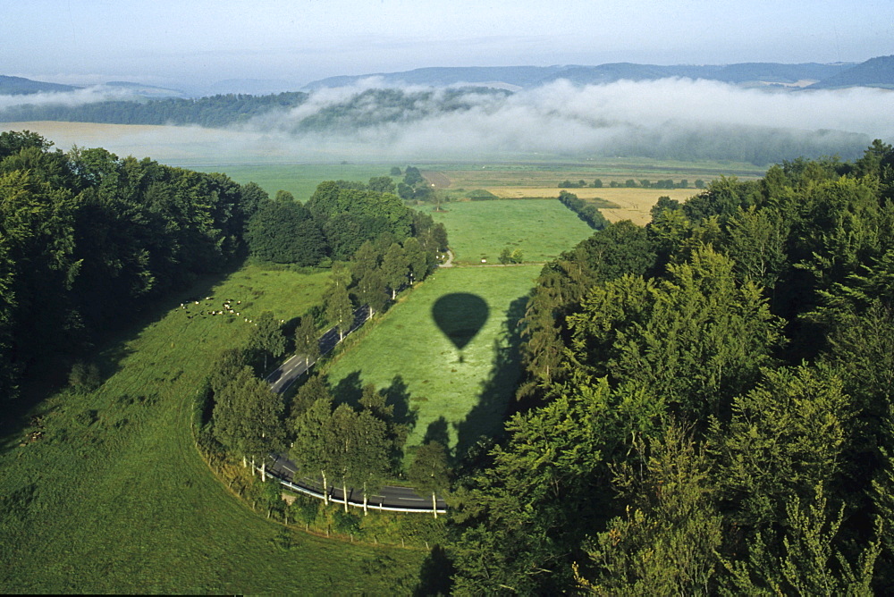 aerial photo above the Weserbergland landscape, balloon shadow, Lower Saxony, northern Germany