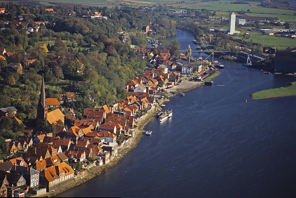 aerial photo of the river Elbe and Lauenburg in Schleswig-Holstein, northern Germany