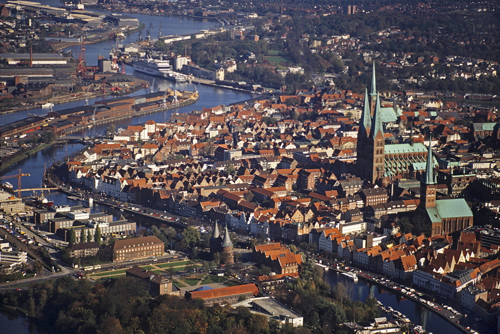 aerial photo of Luebeck, historic old town, Trave River, UNESCO World Heritage Site, Schleswig Holstein, Germany