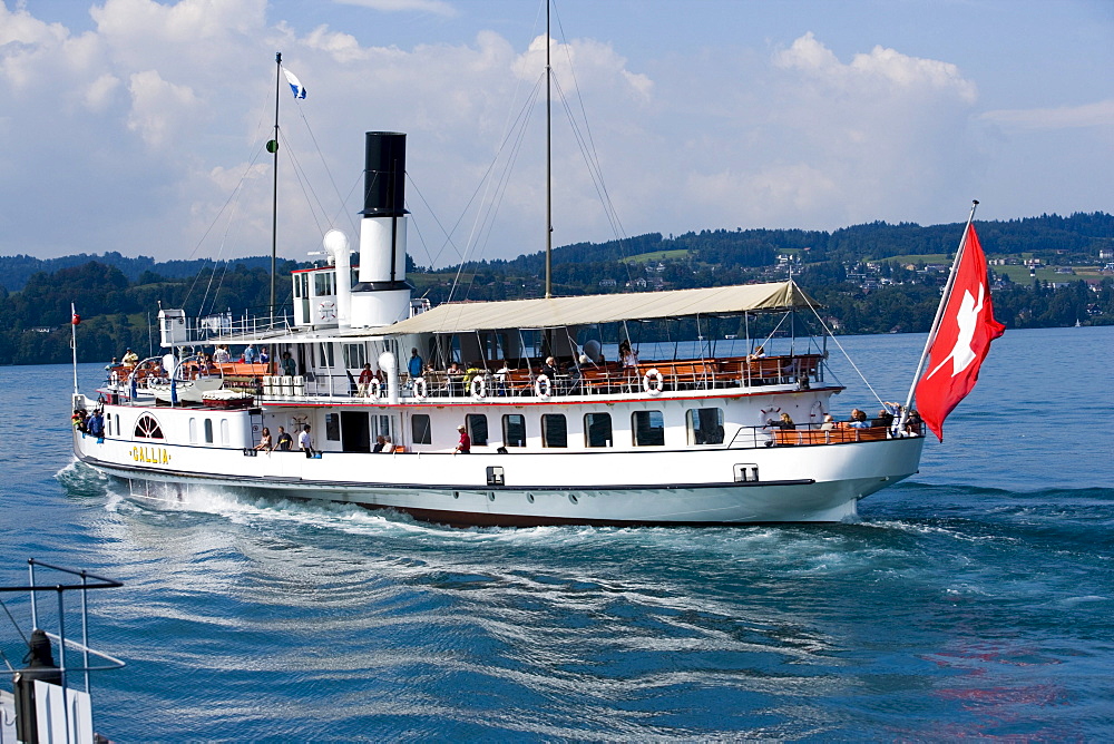 Paddle Wheel Steamer DS Gallia on Lake Lucerne, Buergenstock, Canton of Lucerne, Switzerland