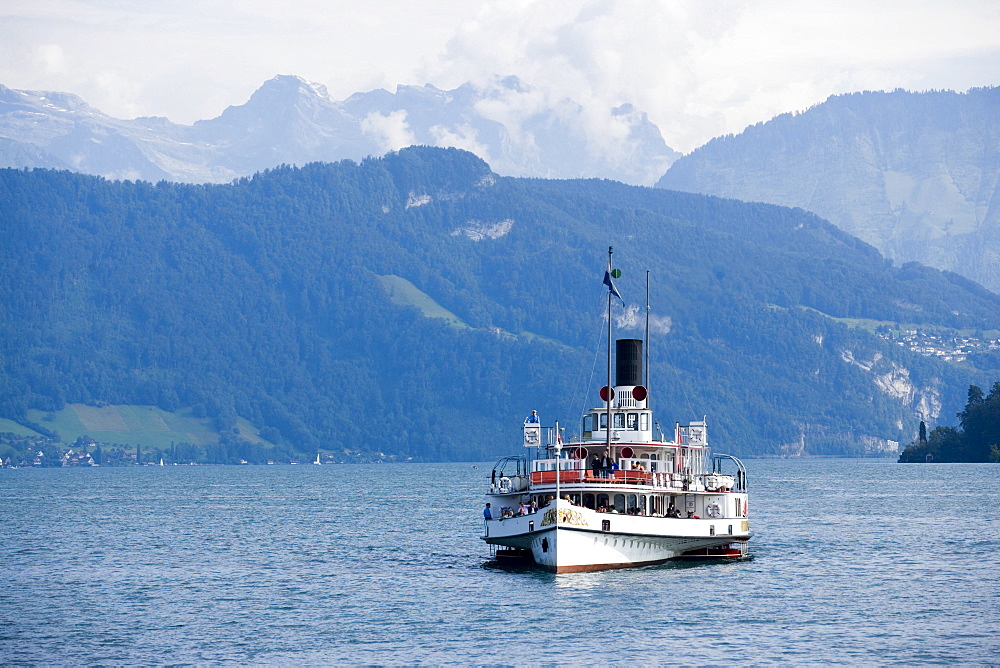 Paddle Wheel Steamer DS Unterwalden on Lake Lucerne, Canton of Lucerne, Switzerland