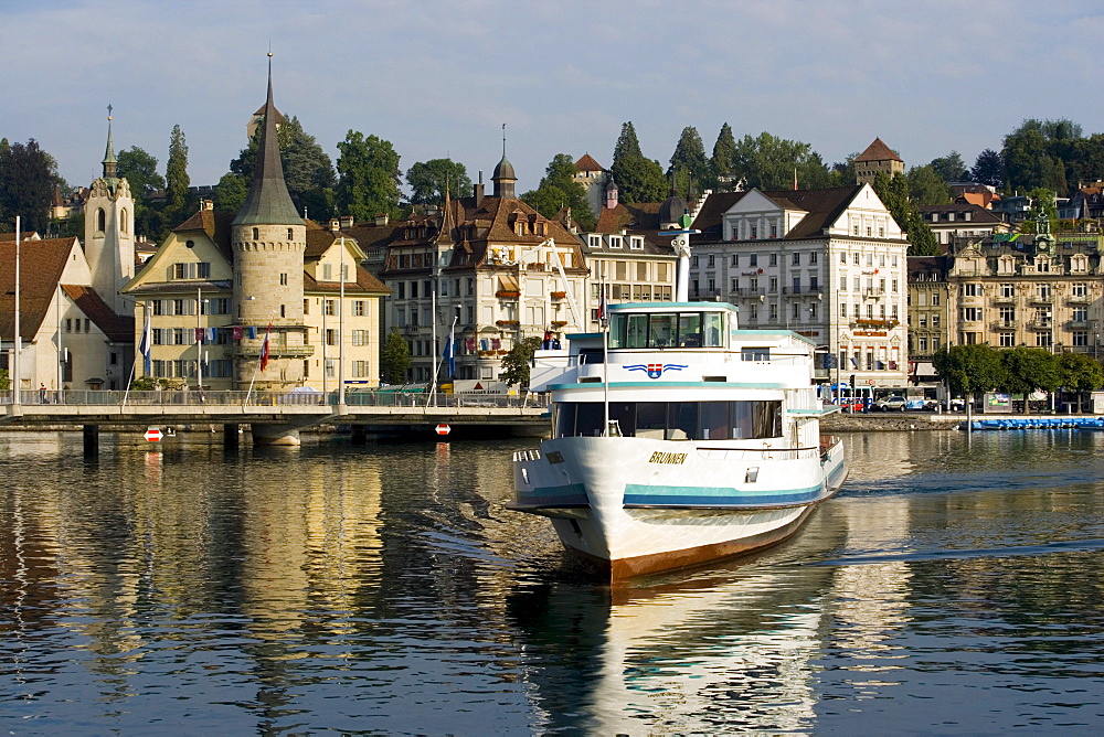 MS Brunnen on Lake Lucerne, Lucerne in background, Lucerne, Canton of Lucerne, Switzerland