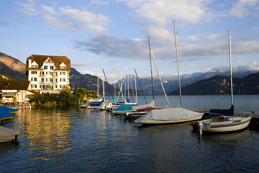 Hotel at harbor, Lake Lucerne, Weggis, Canton of Lucerne, Switzerland