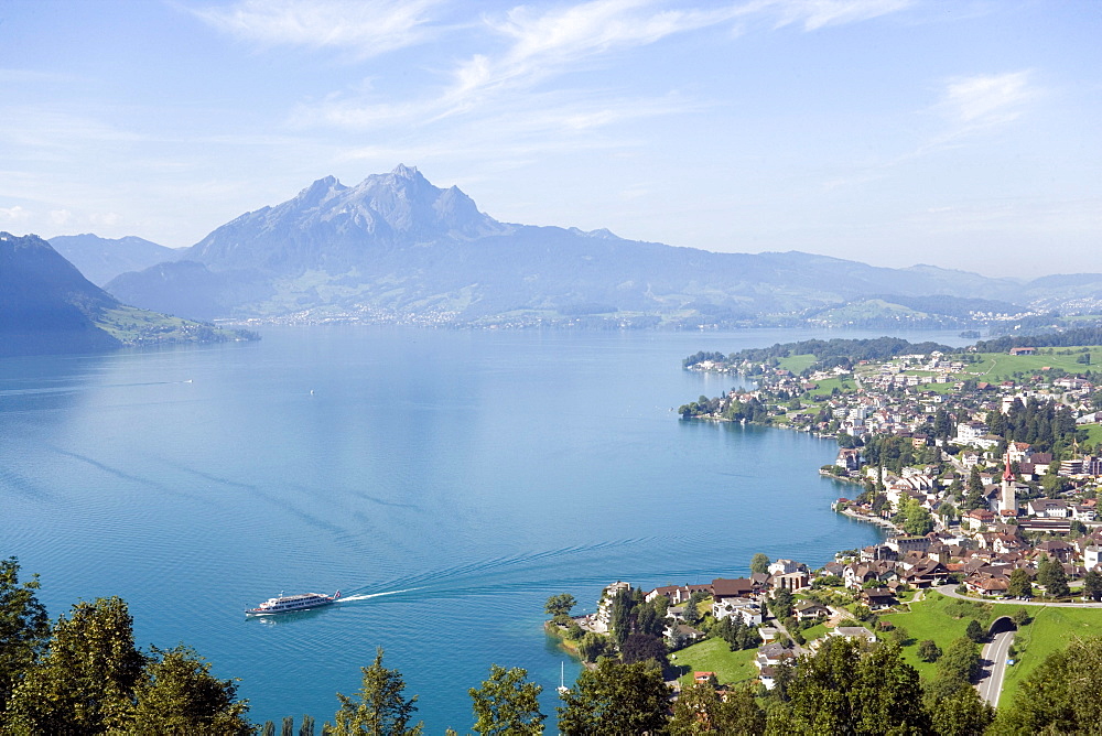 View over Weggis at Lake Lucerne to mountain Pilatus (2132 m) in background, Weggis, Canton of Lucerne, Switzerland