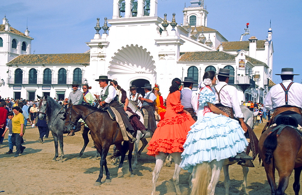 Spain, Andalucia, El Rocio, horse rirs in flamenco style at whitsan festival