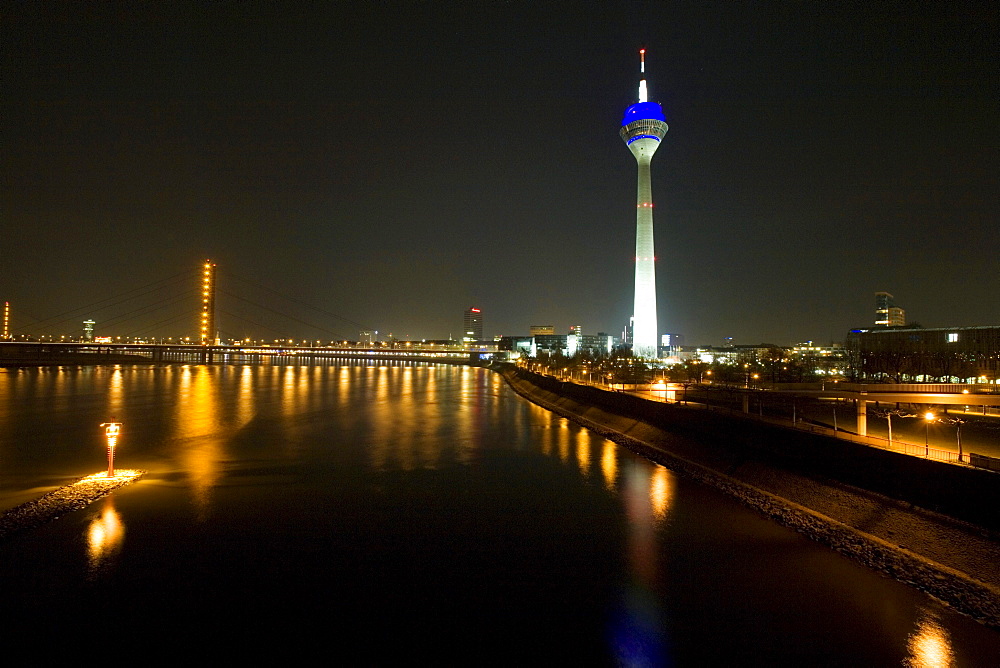 Media Harbour at night with television tower in the background, Duesseldorf, state capital of NRW, North-Rhine-Westphalia, Germany