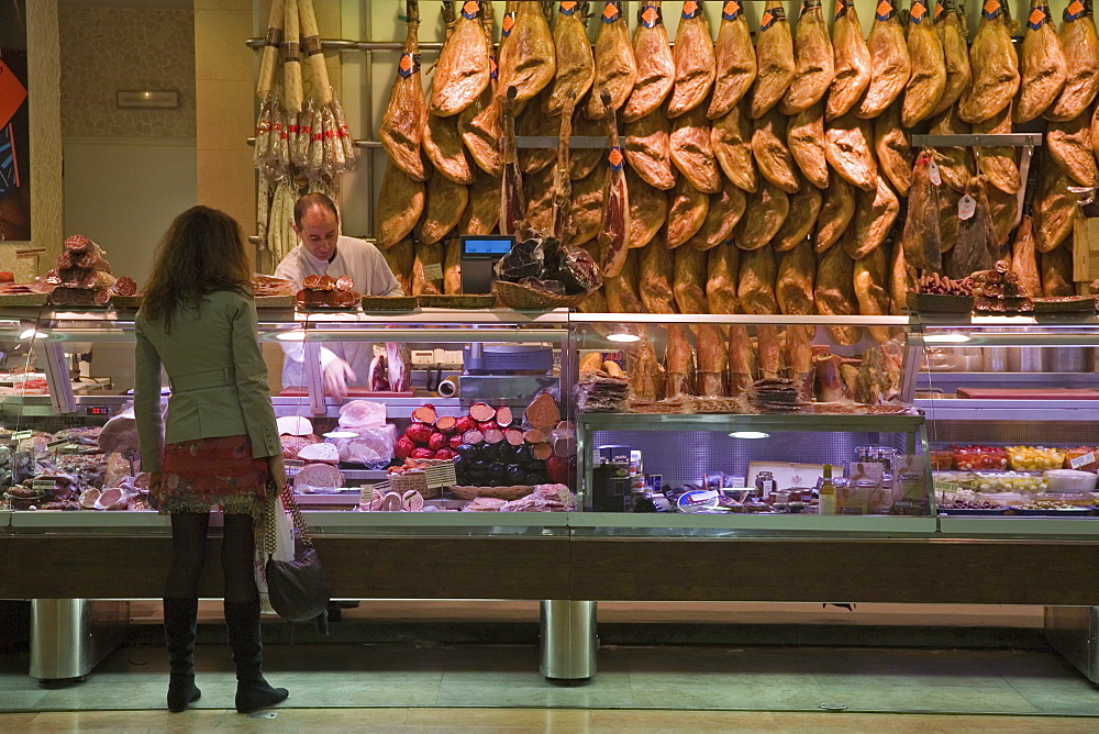 Hams, cold meats, market, Valencia, Spain