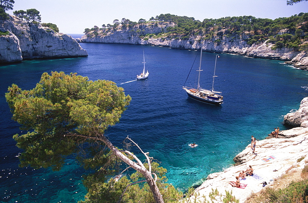 Landscape rocky coast and boat, Calanque de Port-Miou, Cote d'Azur, Provence, France