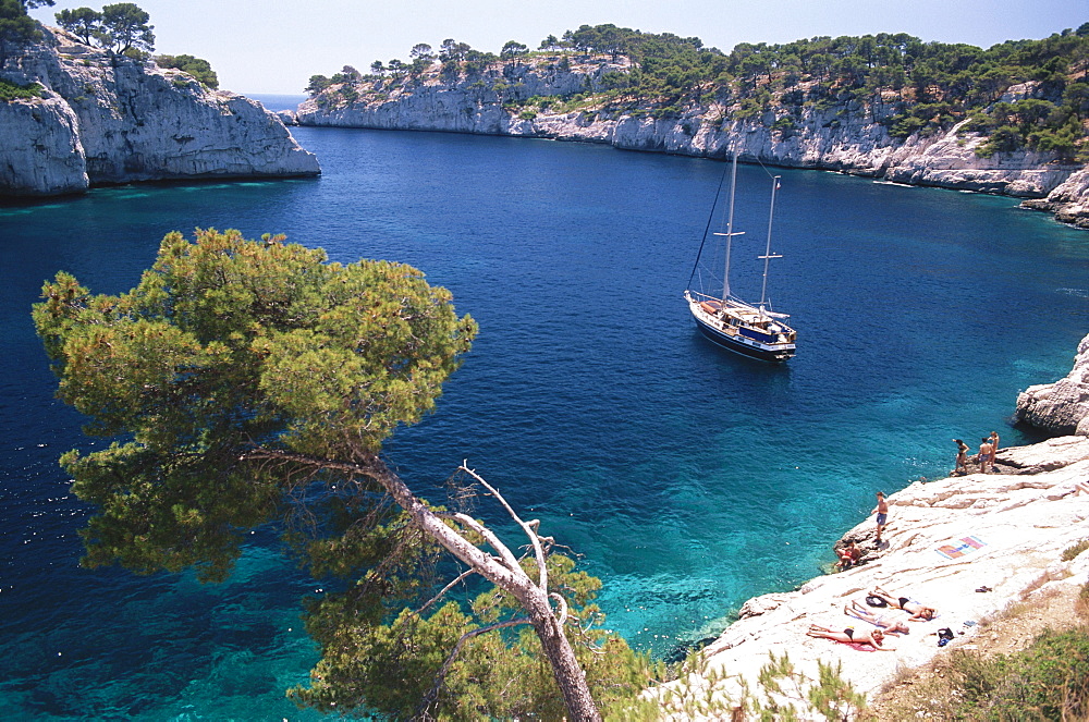 Landscape, rocky coast and boat, Calanque de Port-Miou, Cote d'Azur, Provence, France