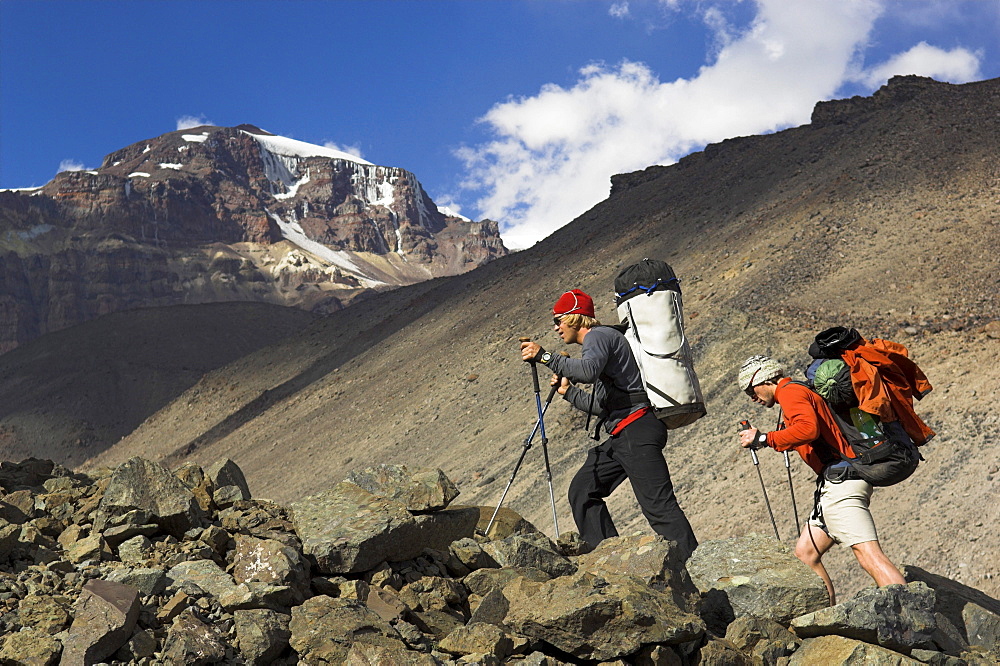 Two men ascending via Cajon del Maipo towards Cerro Marmolejo, 6085 m, South Face, Ice Climbing, Chile