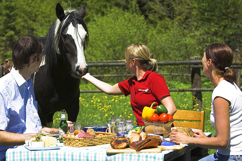 reiter mit pferd beim essen in der natur 