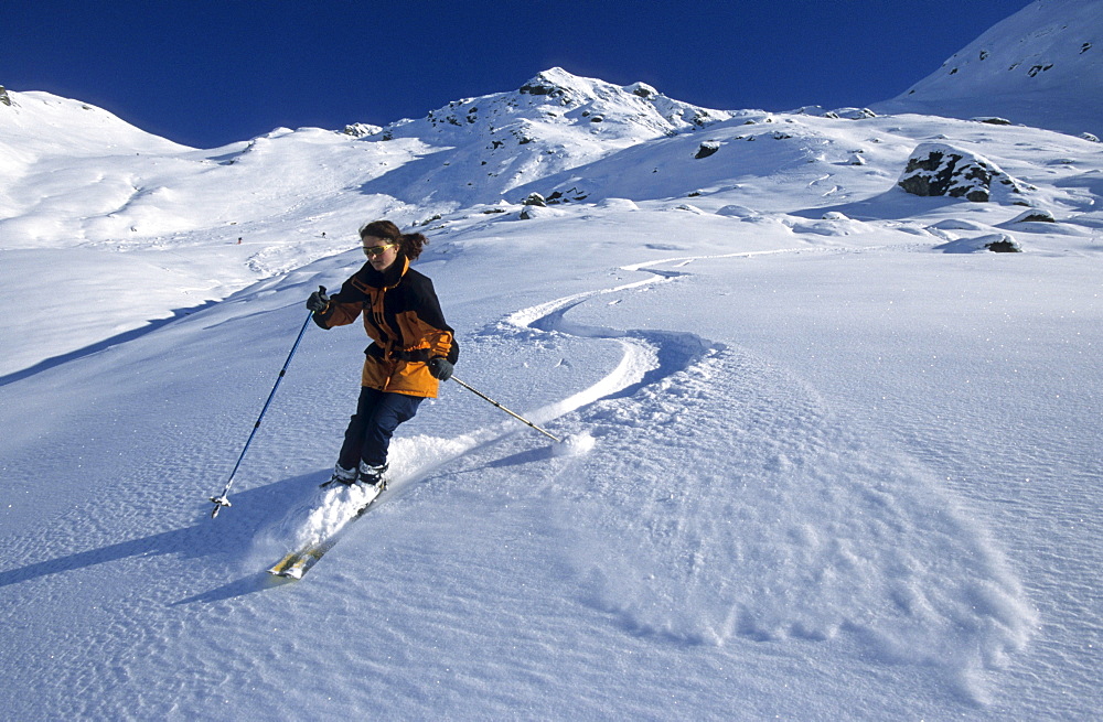 Backcountry skiing in powder, Hochfuegen, Range of Zillertaler Alpen, Tyrol, Austria