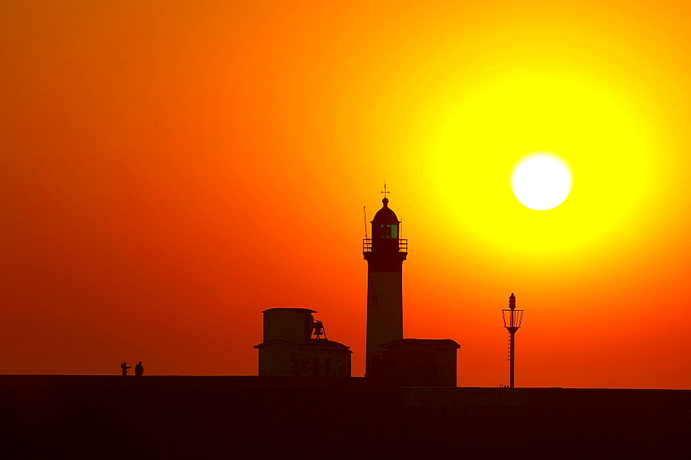 Sunset at the lighthouse of Mers-les-Bains, Channel, Picardie-Nord, dept Somme, France, Europe