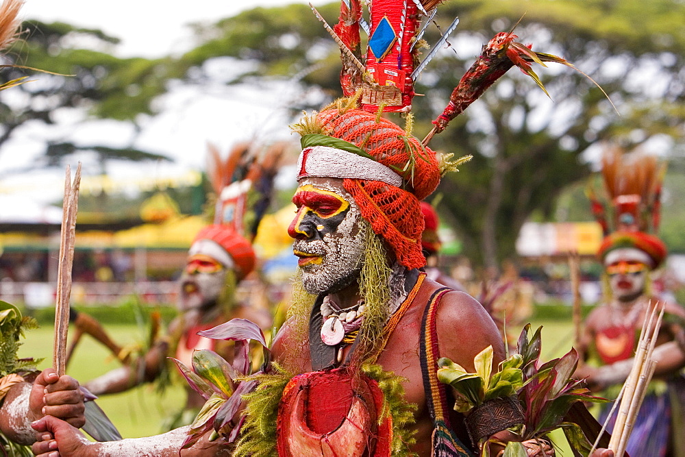 Men wearing headdress at Singsing Dance, Lae, Papue New Guinea, Oceania