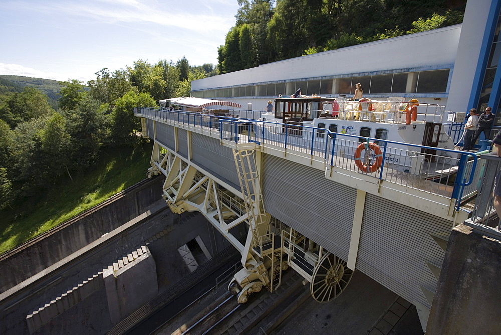 Houseboat and Tourist Boat on Arzviller Boat Lift, Saint-Louis-Arzviller Inclined Plane, Canal de la Marne au Rhin, near Arzviller, Alsace, France