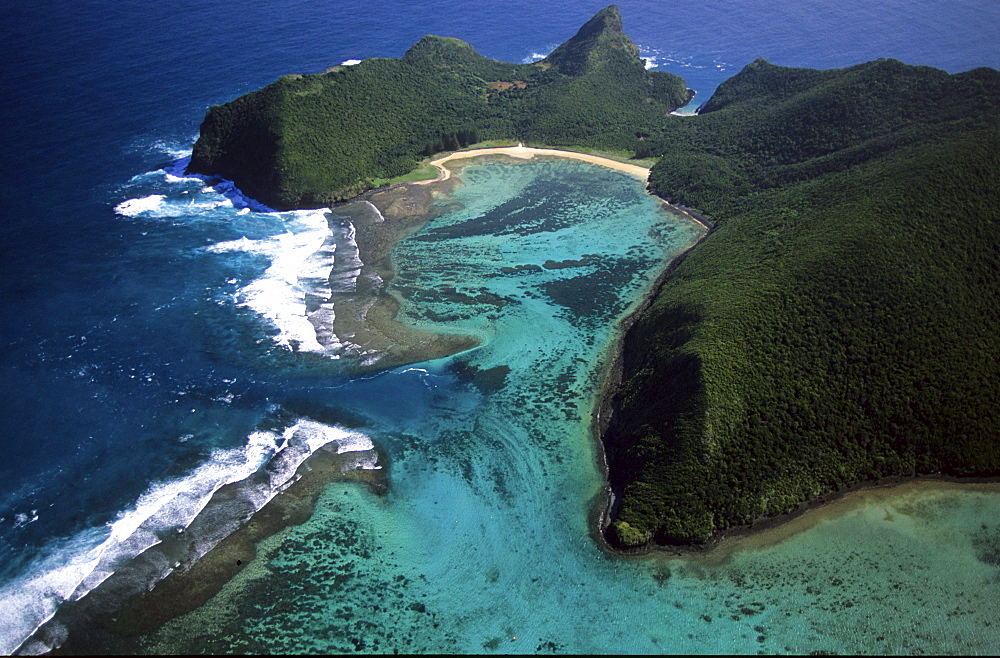 Aerial view of North Bay, North Passage and Mt. Eliza, Lord Howe Island, Australia