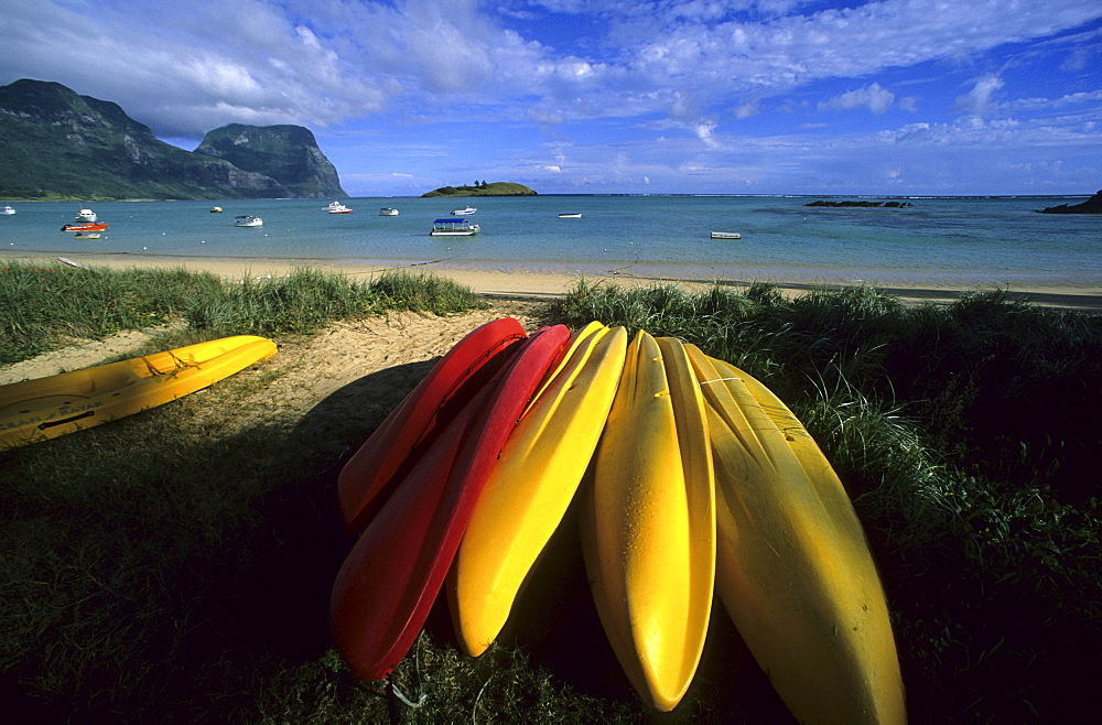 Kayaks lying on Lagoon Beach, Lord Howe Island, Australia