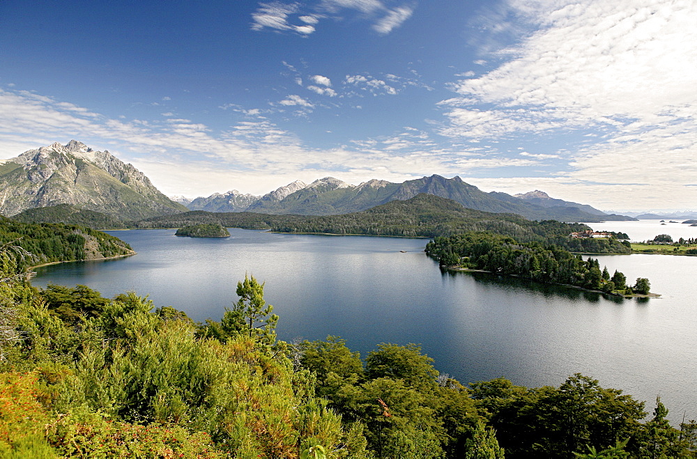 View over Lago Nahuel Huapi to Hotel LLao LLao, Patagonia, Argentina, South America