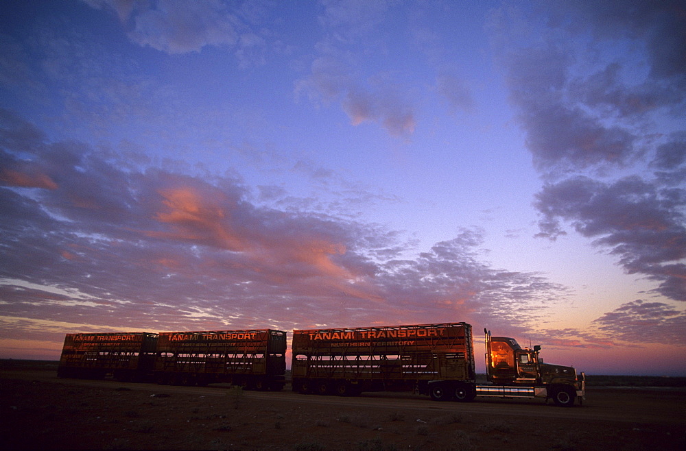 A road train along the Stuart Highway near Coober Pedy, South Australia, Australia