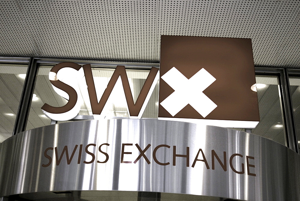 Switzerland, Zurich, stock exchange, swiss Exchange sign, entrance Schweiz, Zuerich, Boerse, Eingang, SWX