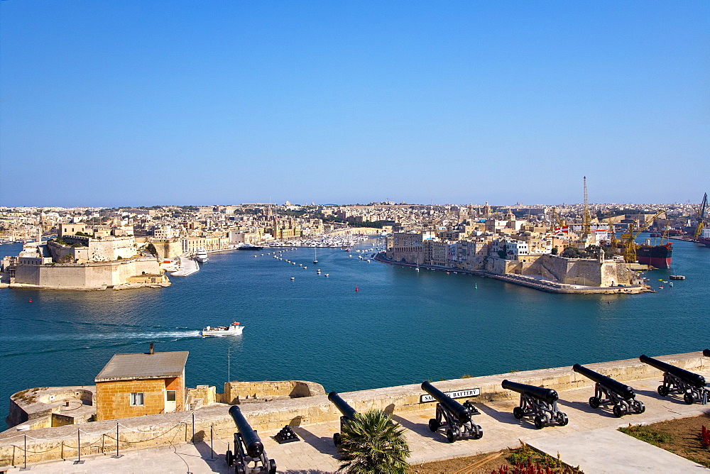 View from Valletta to the Three Cities under blue sky, Malta, Europe