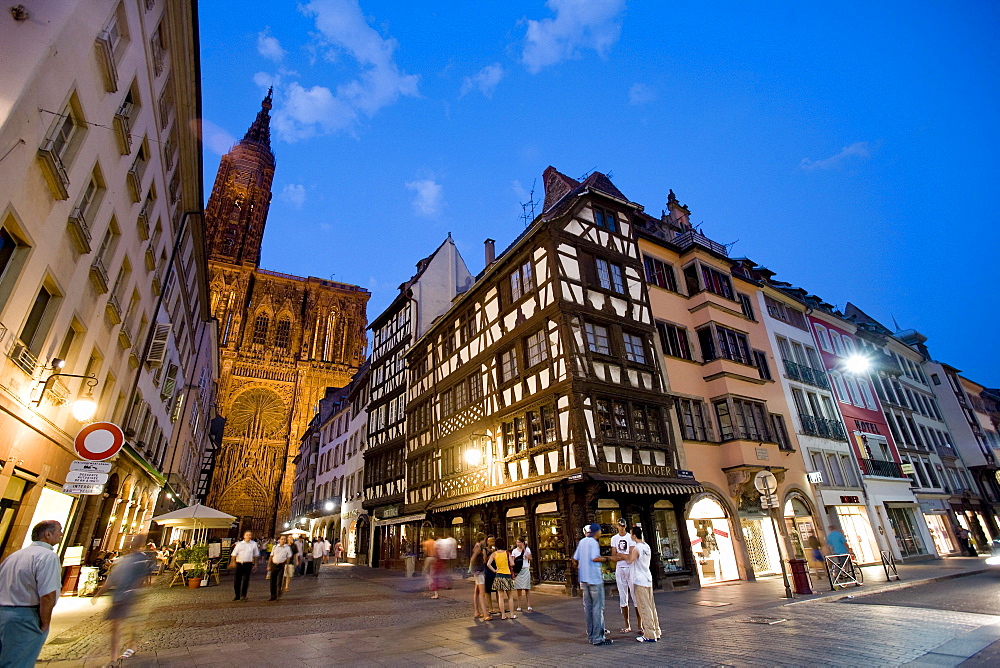 Rue Merciere and Strasbourg Cathedral in the evening, Strasbourg, Alsace, France