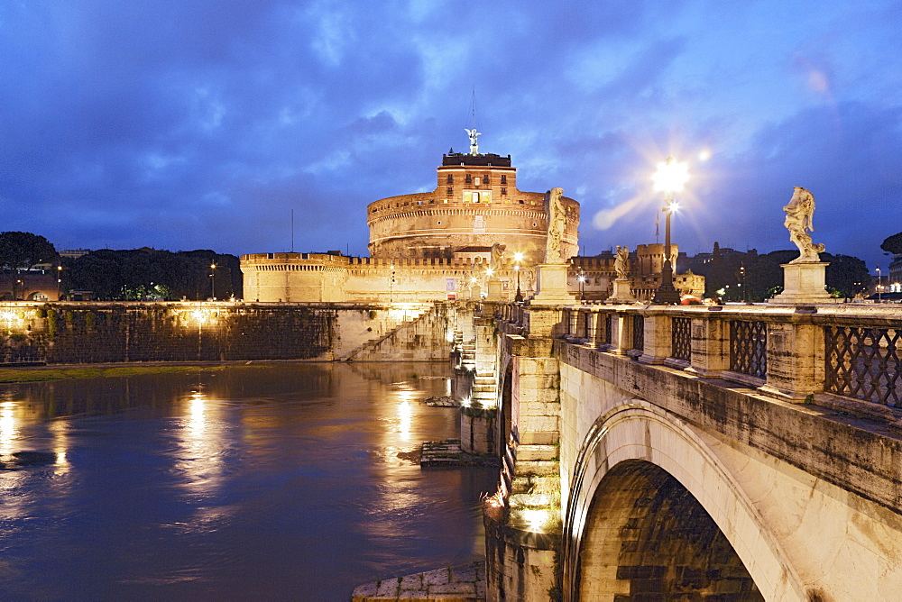 Castel Sant'Angelo and Ponte Sant'Angelo in the evening, Rome, Italy