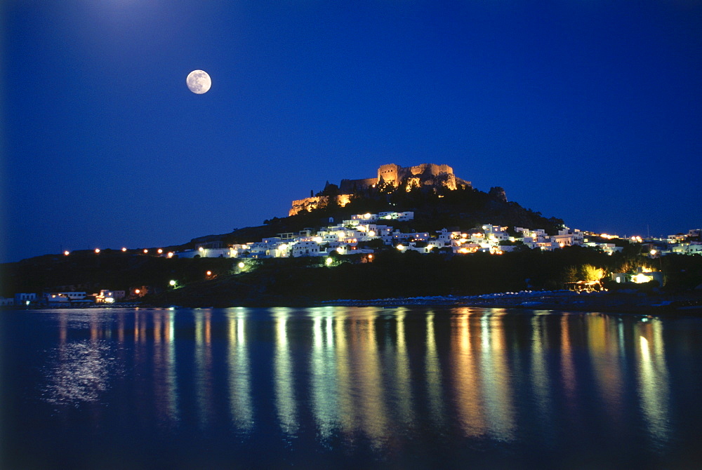 View towards Lindos at night, Rhodes Island, Dodecanese, Greece