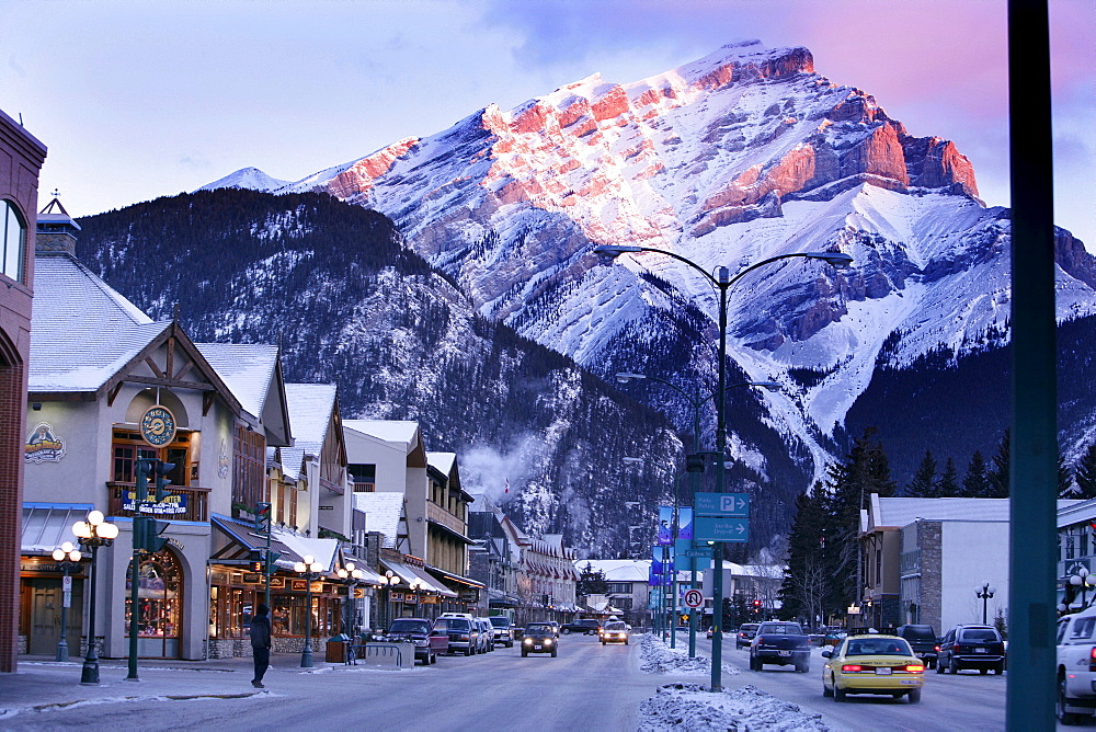 Banff avenue in the morning light with Cascade mountain in the background, Snow, Winter, Alberta, Canada