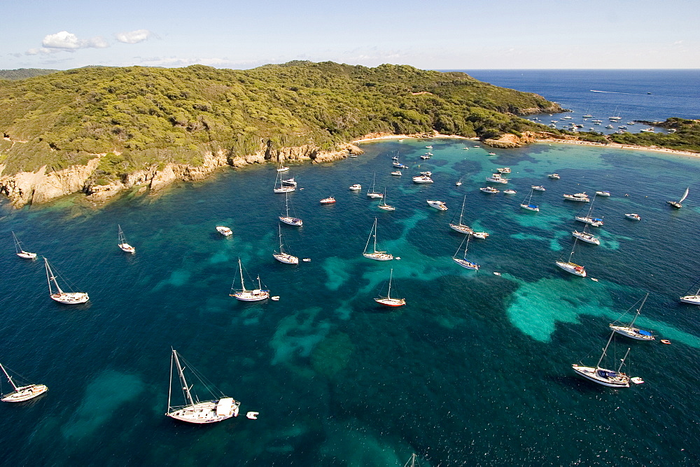 Aerial view of boats in the bay and the beach La Courtade, Porquerolles, Iles d'Hyeres, France, Europe