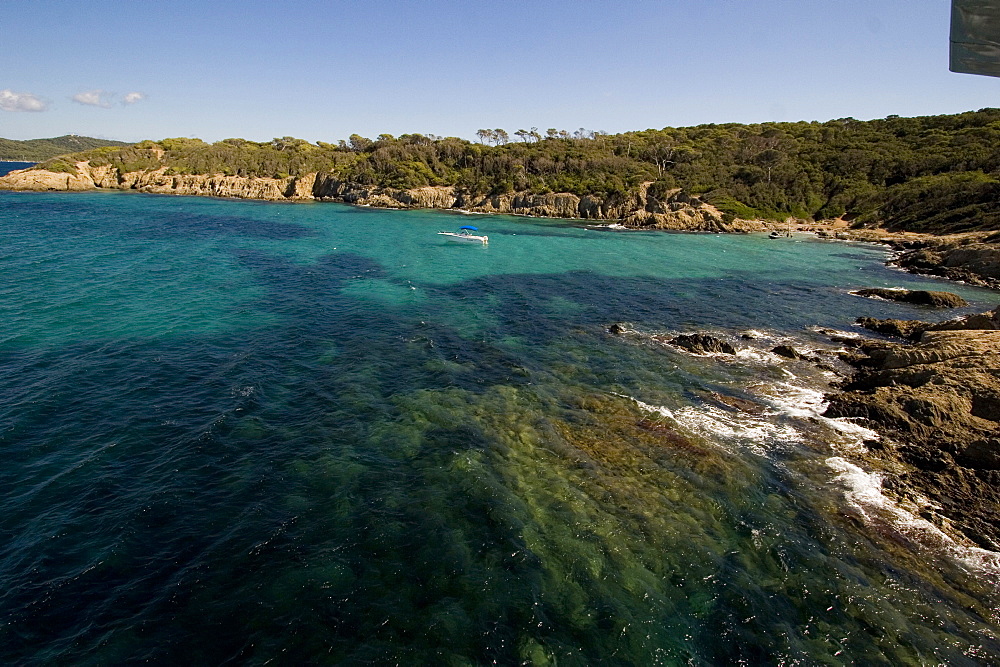 Aerial view of a bay on Porquerolles, Iles d'Hyeres, France, Europe