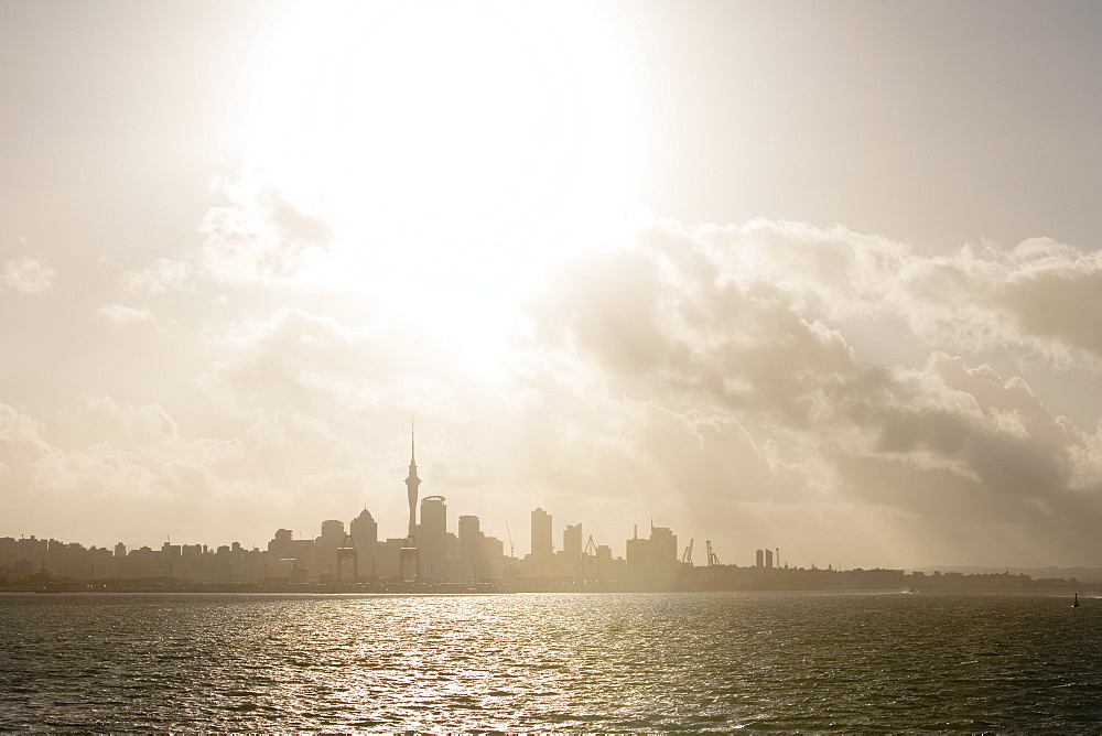 Auckland Skyline at Sunset, View from MS Bremen, Hauraki Gulf, Auckland, North Island, New Zealand