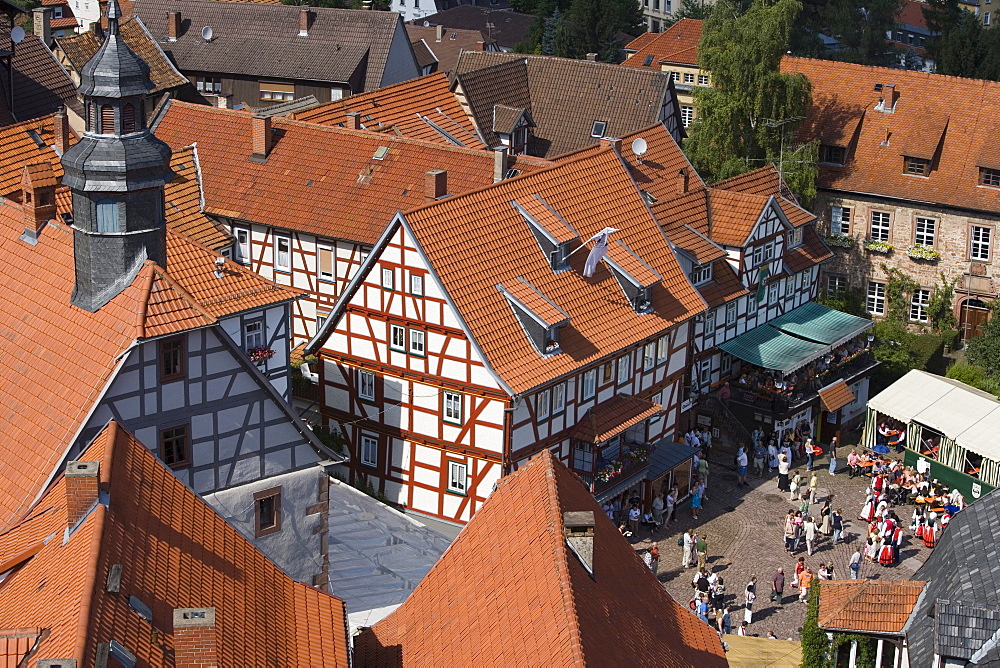 Timberframe Houses and Marktplatz Central Square, View from Schlitz Tower, Schlitz, Vogelsberg, Hesse, Germany