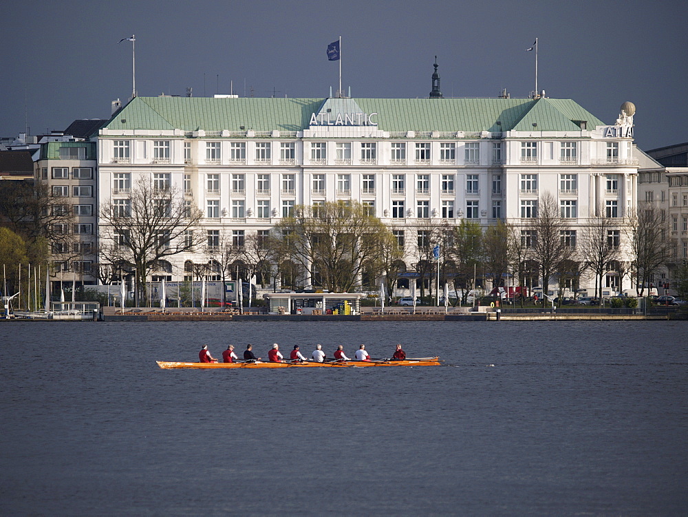 View over the Lake Alster to the Atlantic hotel, Hanseatic City of Hamburg, Germany