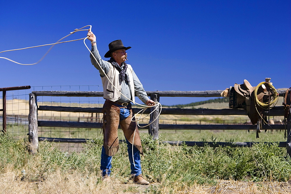 Cowboy throwing lasso wildwest, Oregon, USA