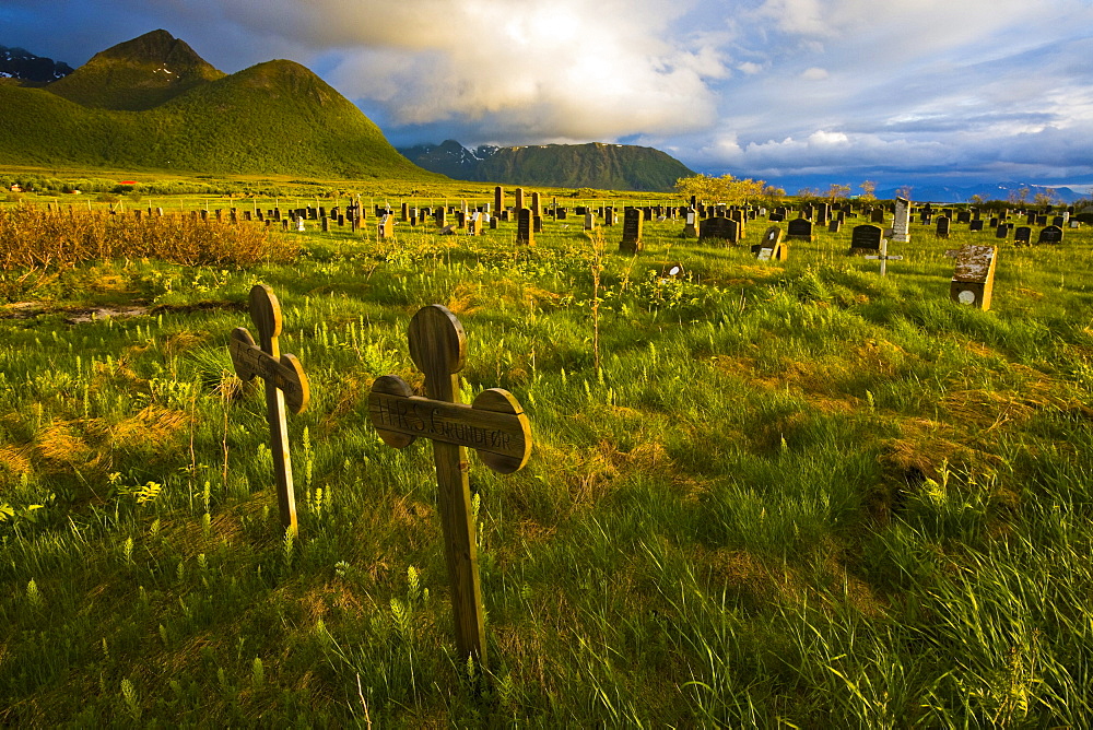 Hadselsand cemetery in the midnight sun, Austvagoya Island, Lofoten, Norway