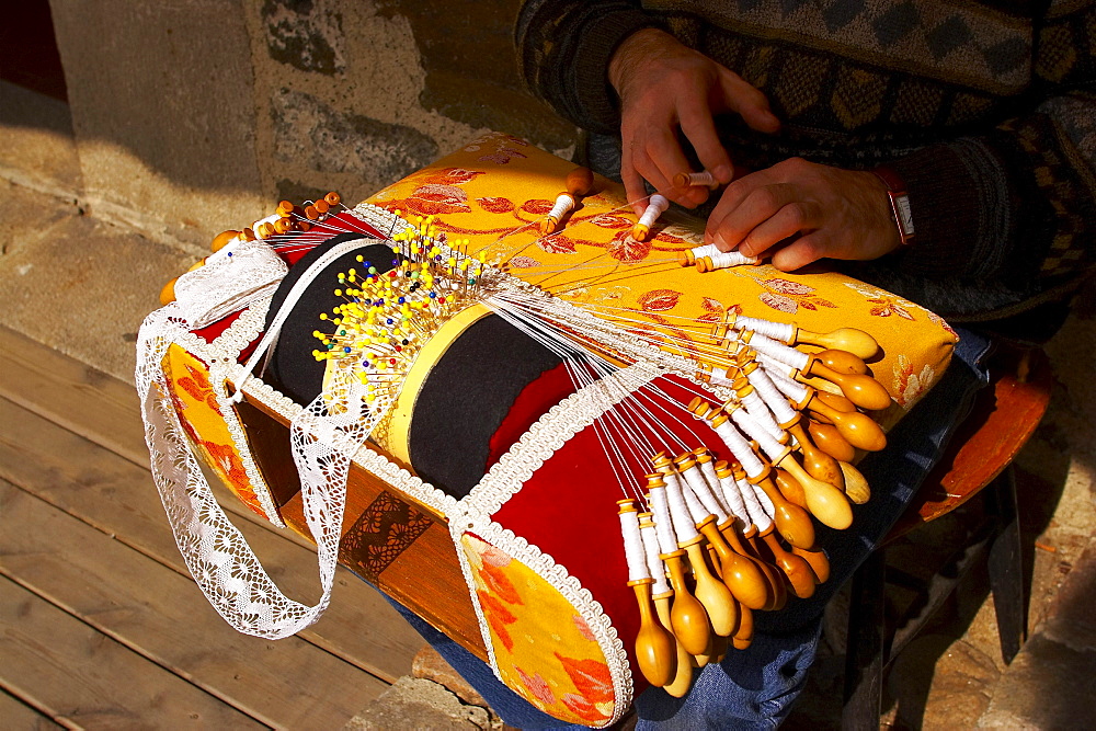 lacemaker at work, St. James Way, Via Podiensis, Le Puy-en-Velay, Auvergne, Dep.Haute-Loire, France