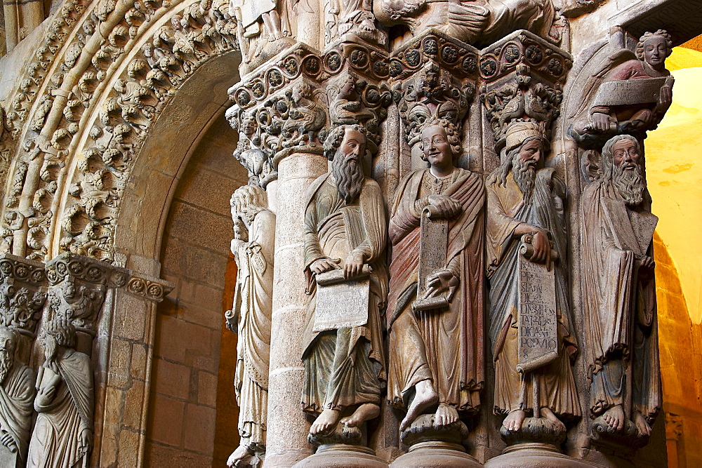 Sculptures by Meister Mateo, El Portico de la Gloria, westside of the cathedral, Catedral de Santiago de Compostela, Santiago de Compostela, Galicia, Spain