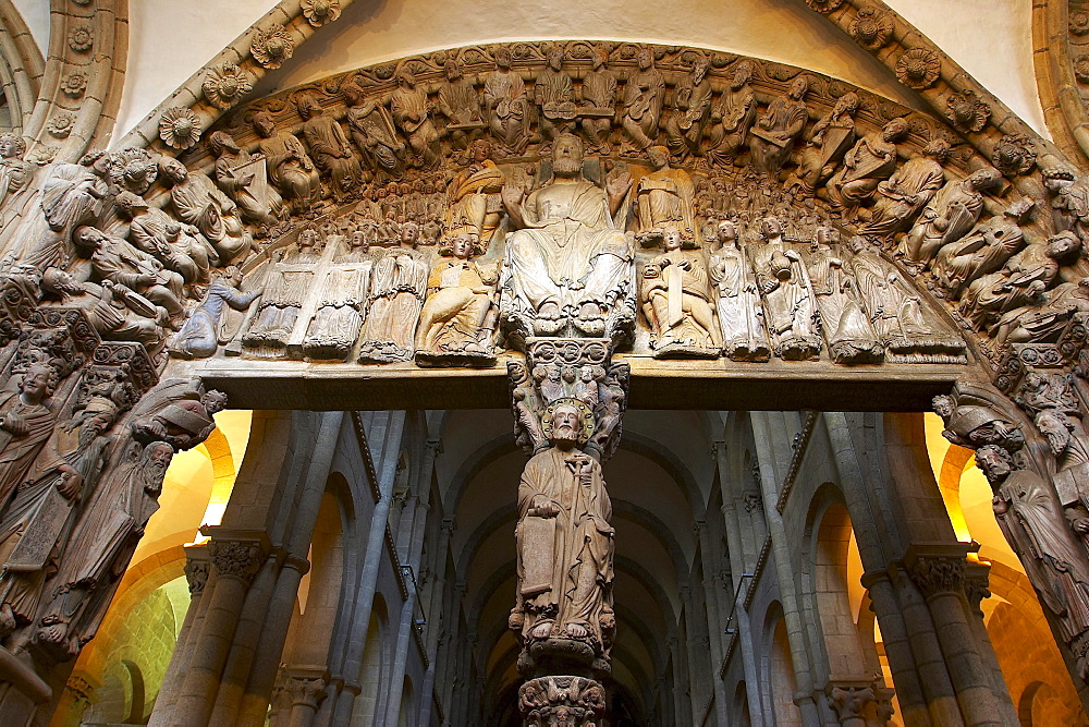 Sculptures by Meister Mateo, El Portico de la Gloria, westside of the Cathedral, Catedral de Santiago de Compostela, Santiago de Compostela, Galicia, Spain