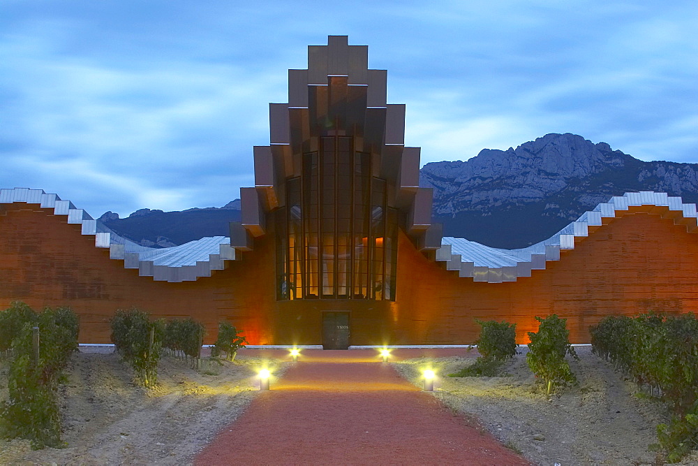 Bodegas Ysios from architect Santiago Calatrava in the evening, near Laguardia, Pais Vasco, Euskadi, Spain