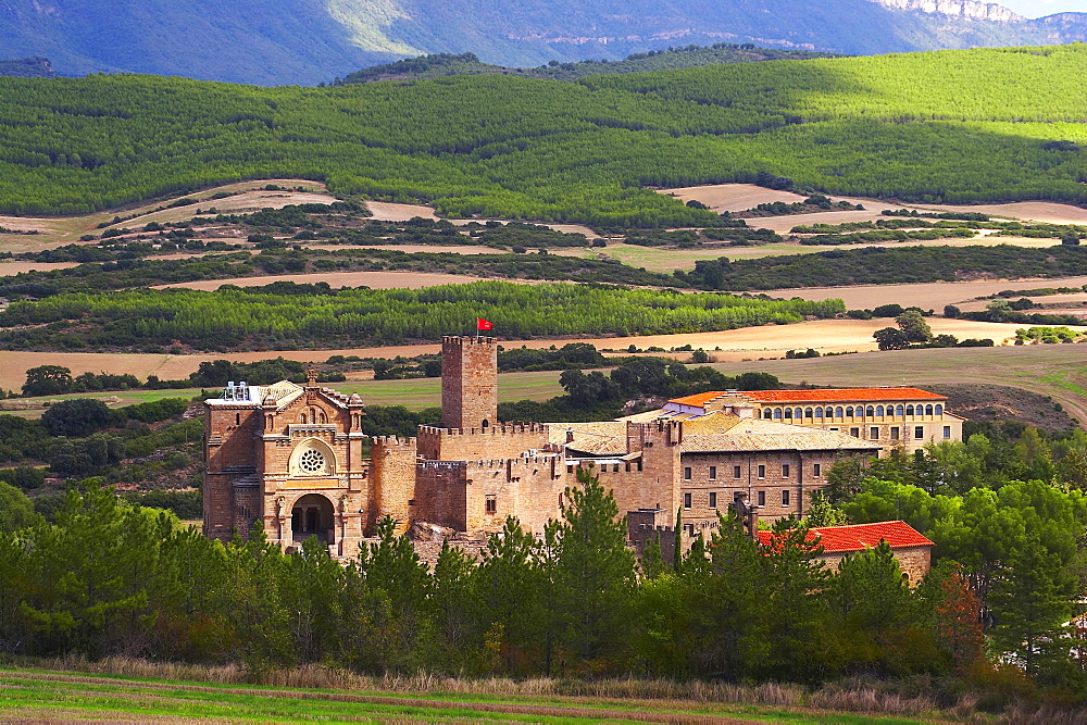 Landscape and mountains with castle, Castillo de Javier, Francisco Javier 1506, near Sangueesa, Navarra, Spain