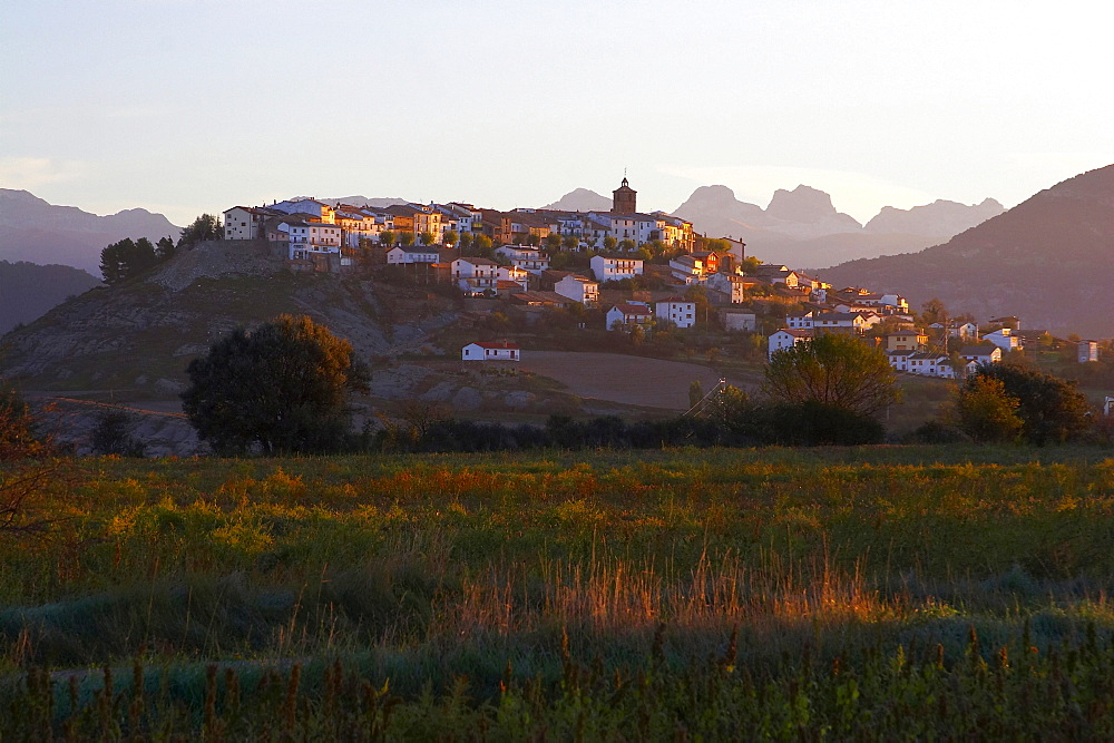 Sunrise in the Pyrenees, mountain village of Berdun, Aragon, Spain, Europe